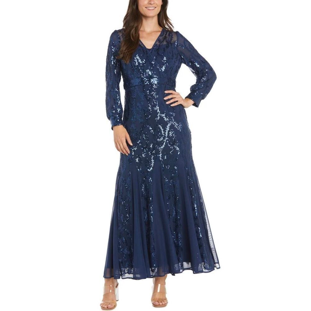 R & M Richards Embellished Sequined Evening Gown Size 14 Navy Blue